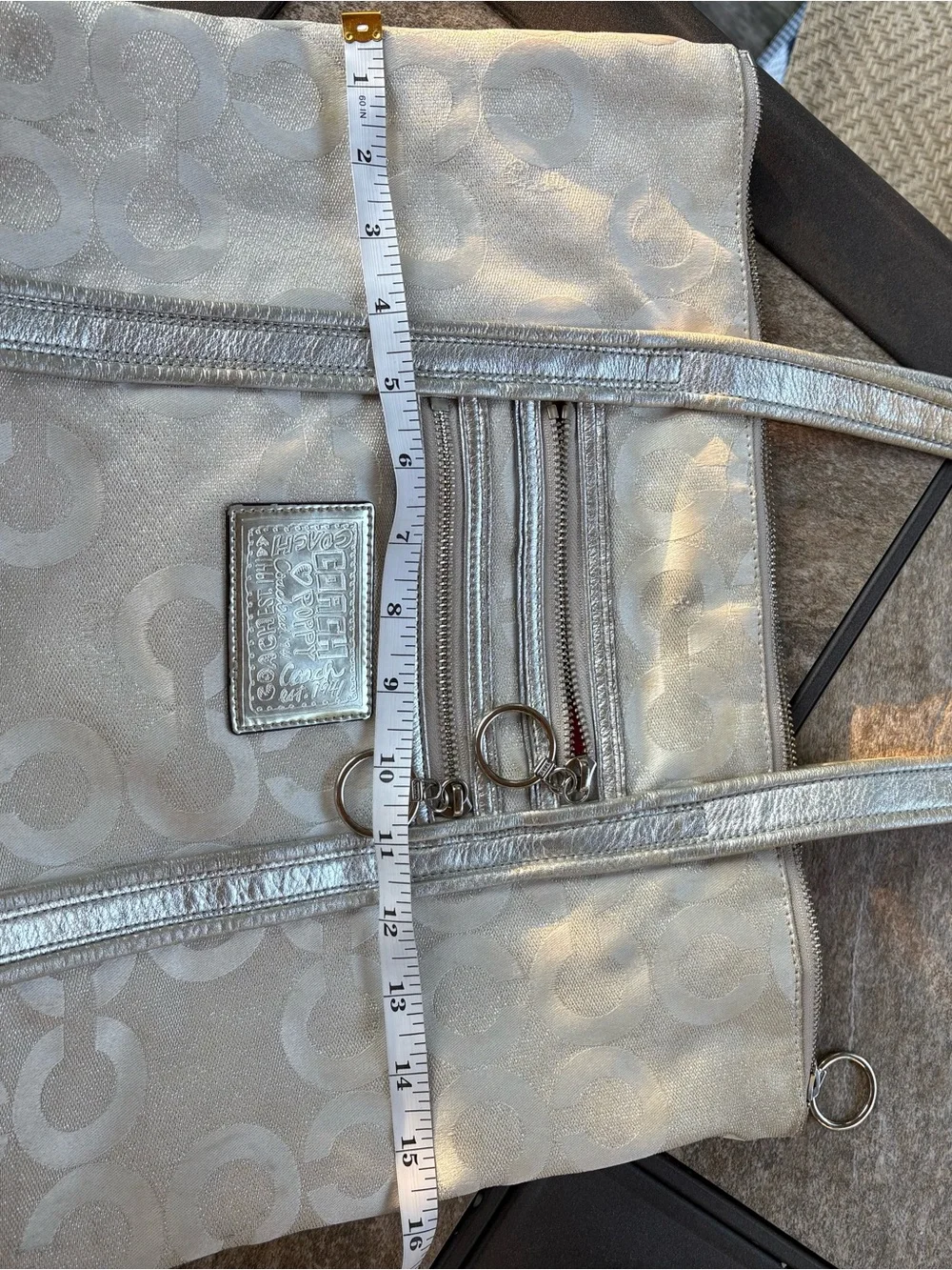 Coach Poppy “Glam” Silver Logo Jacquard Tote with Metallic Accents
